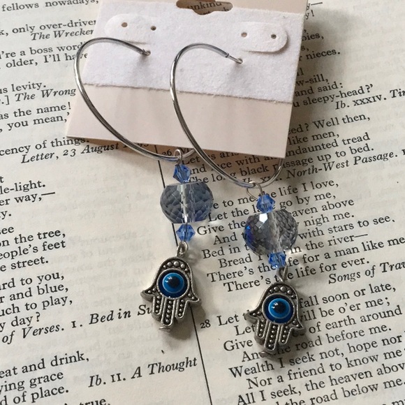 Hamsa Evil Eye Protection Crystal Faceted Earrings - Picture 5 of 6